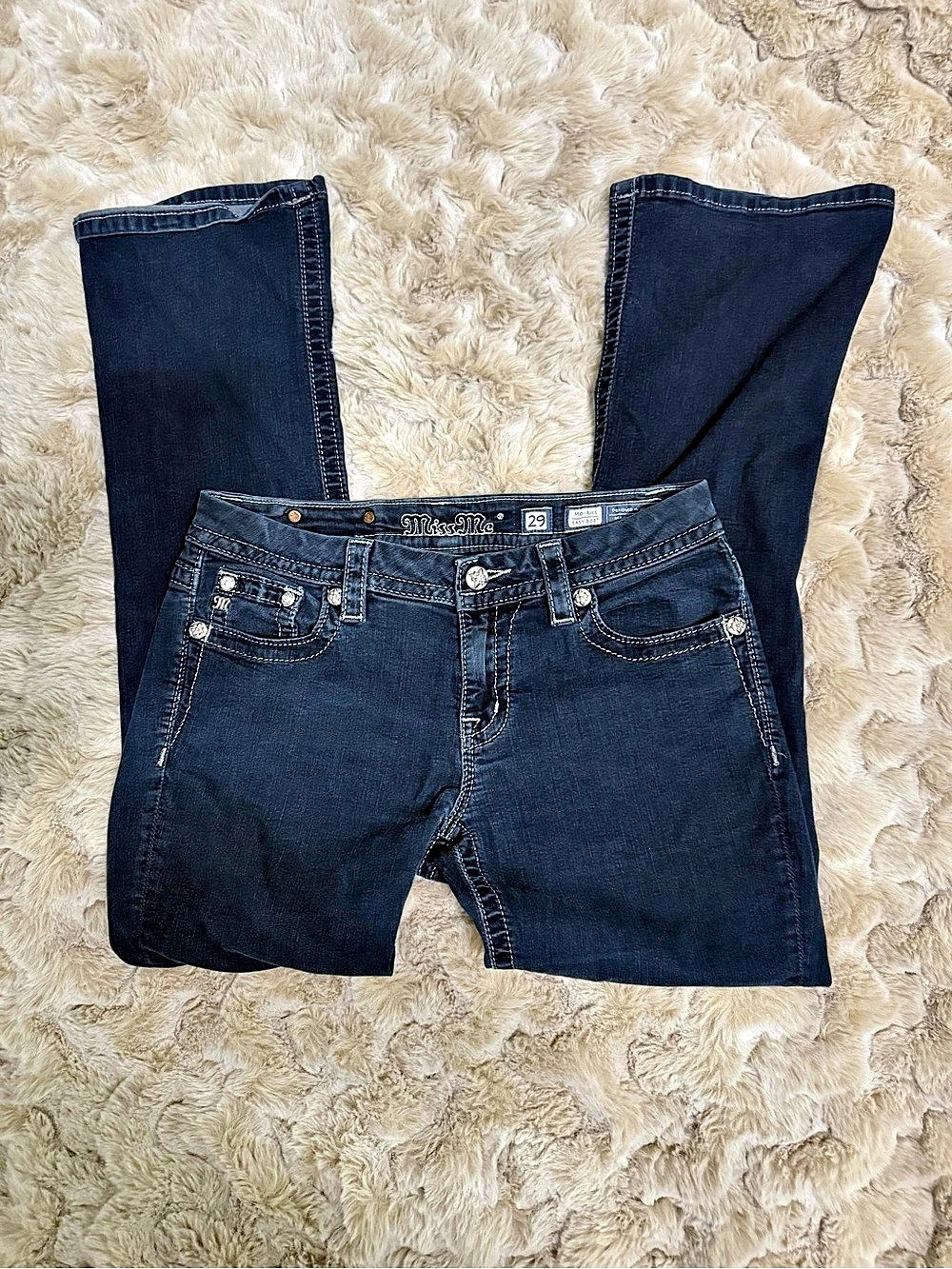 Y2K Vintage Miss Me Mid-Rise Bootcut Sequin Embellished Jeans Flare Blue
